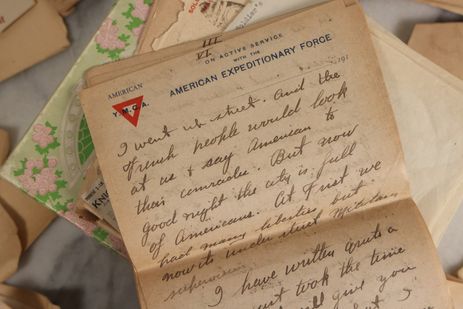 Lot 153 - Antique Cache Of 1919 Post–World War One Letters From Private Karl A. Bright In France To His Mother In Franklin, Massachusetts, With Ephemera In Green And Pink Stationery Box