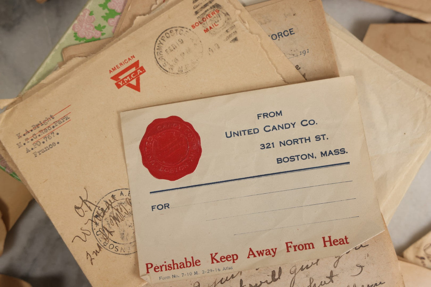 Lot 153 - Antique Cache Of 1919 Post–World War One Letters From Private Karl A. Bright In France To His Mother In Franklin, Massachusetts, With Ephemera In Green And Pink Stationery Box