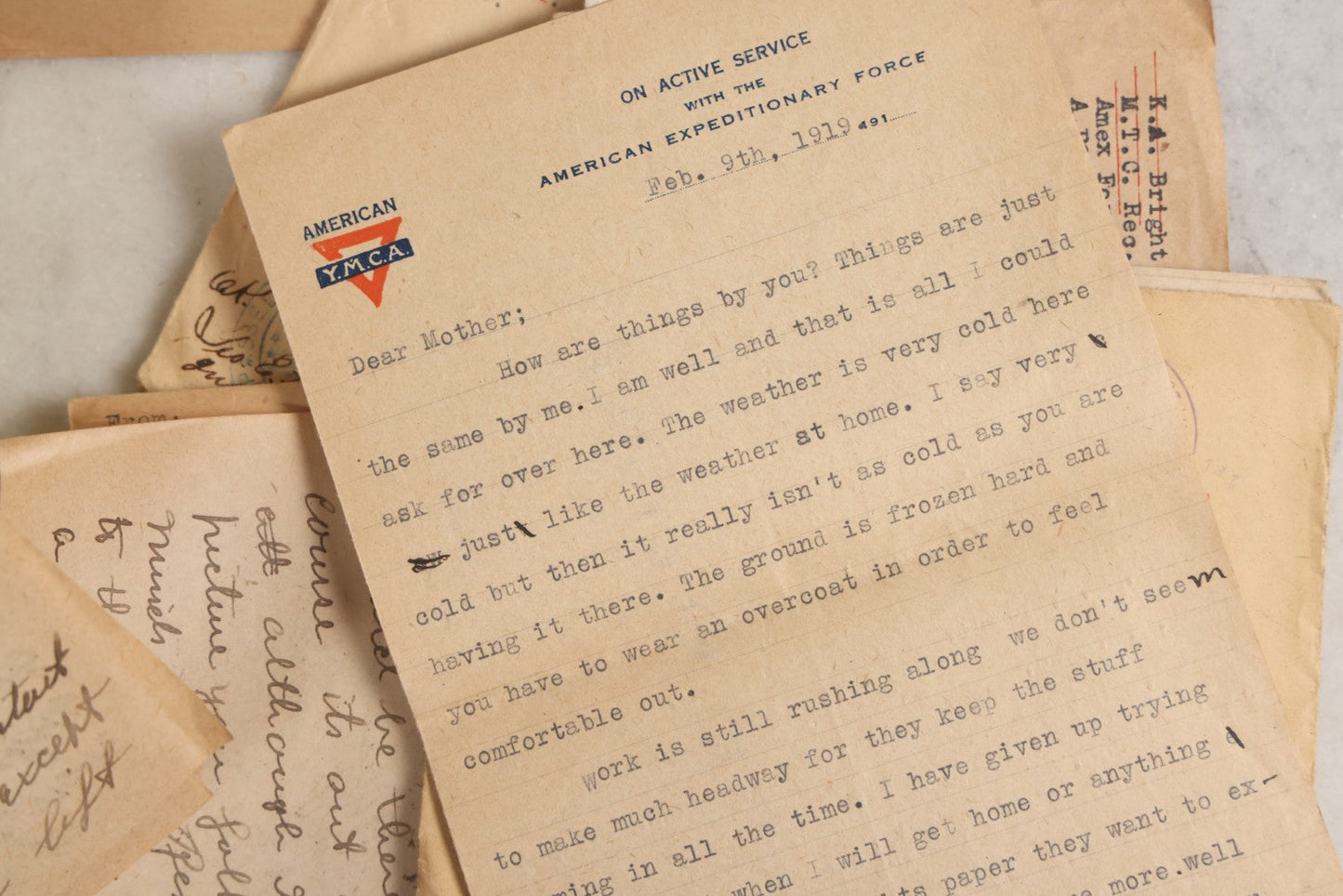 Lot 153 - Antique Cache Of 1919 Post–World War One Letters From Private Karl A. Bright In France To His Mother In Franklin, Massachusetts, With Ephemera In Green And Pink Stationery Box