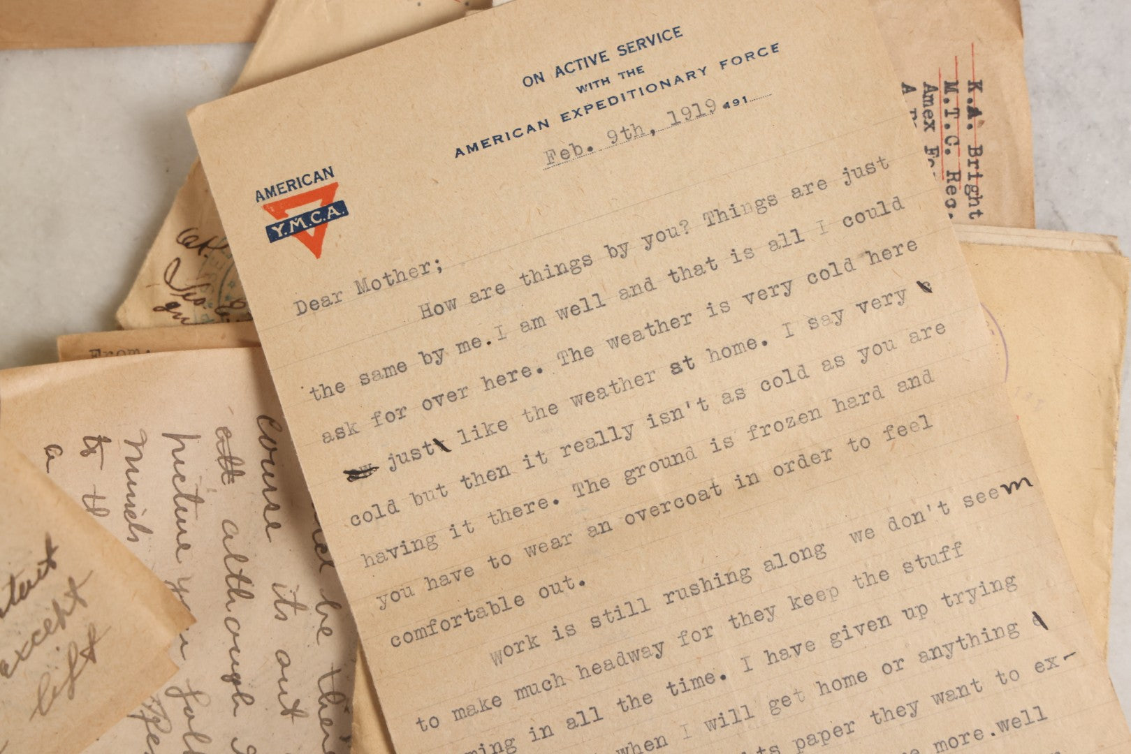 Lot 153 - Antique Cache Of 1919 Post–World War One Letters From Private Karl A. Bright In France To His Mother In Franklin, Massachusetts, With Ephemera In Green And Pink Stationery Box