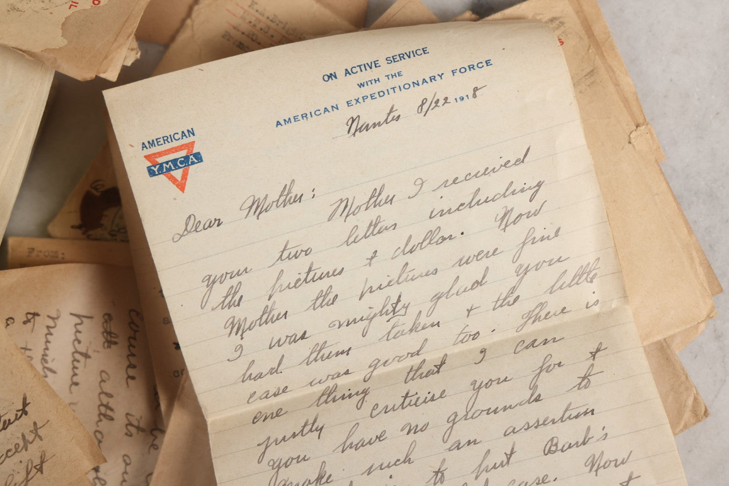 Lot 153 - Antique Cache Of 1919 Post–World War One Letters From Private Karl A. Bright In France To His Mother In Franklin, Massachusetts, With Ephemera In Green And Pink Stationery Box