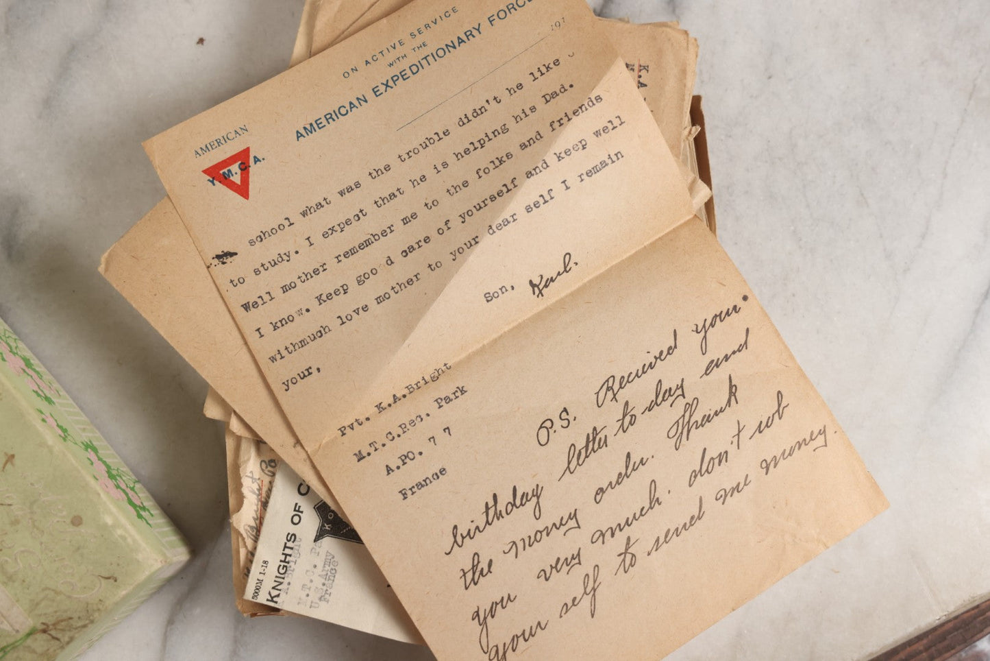 Lot 153 - Antique Cache Of 1919 Post–World War One Letters From Private Karl A. Bright In France To His Mother In Franklin, Massachusetts, With Ephemera In Green And Pink Stationery Box