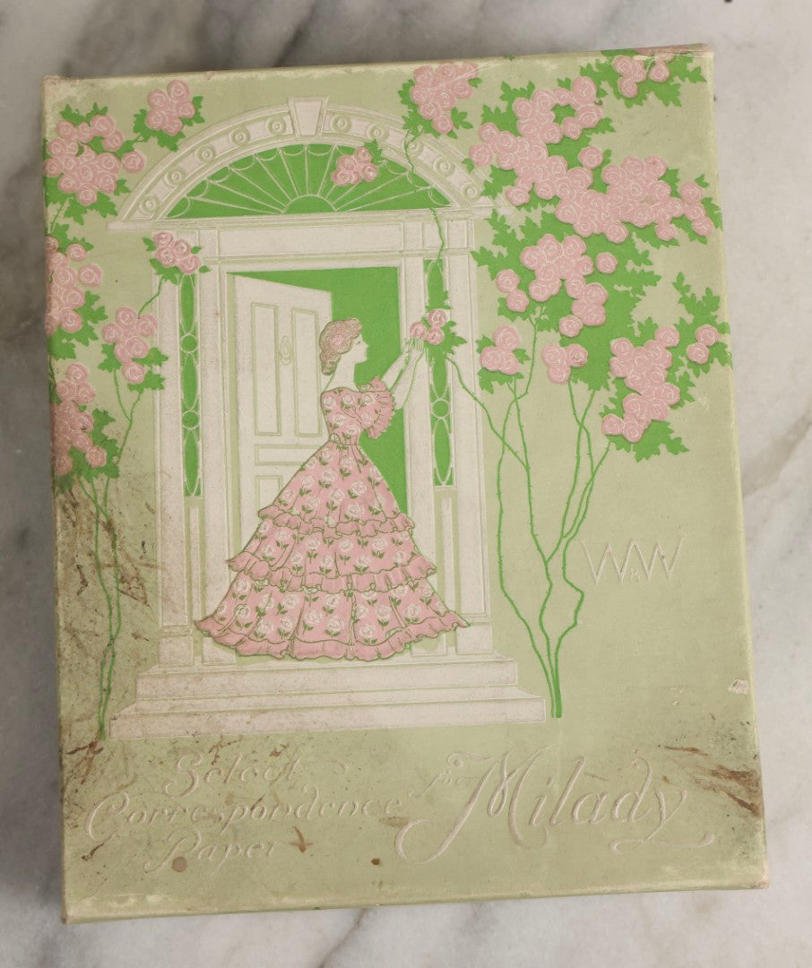 Lot 153 - Antique Cache Of 1919 Post–World War One Letters From Private Karl A. Bright In France To His Mother In Franklin, Massachusetts, With Ephemera In Green And Pink Stationery Box