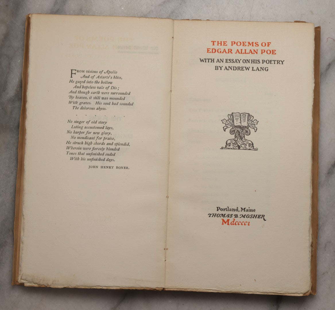 Lot 155 - "The Poems Of Edgar Allan Poe" Antique Limited First Edition Poetry Book By Edgar Allan Poe, Essay By Andrew Lang, Published By Thomas B. Mosher, Portland, Maine, 1901