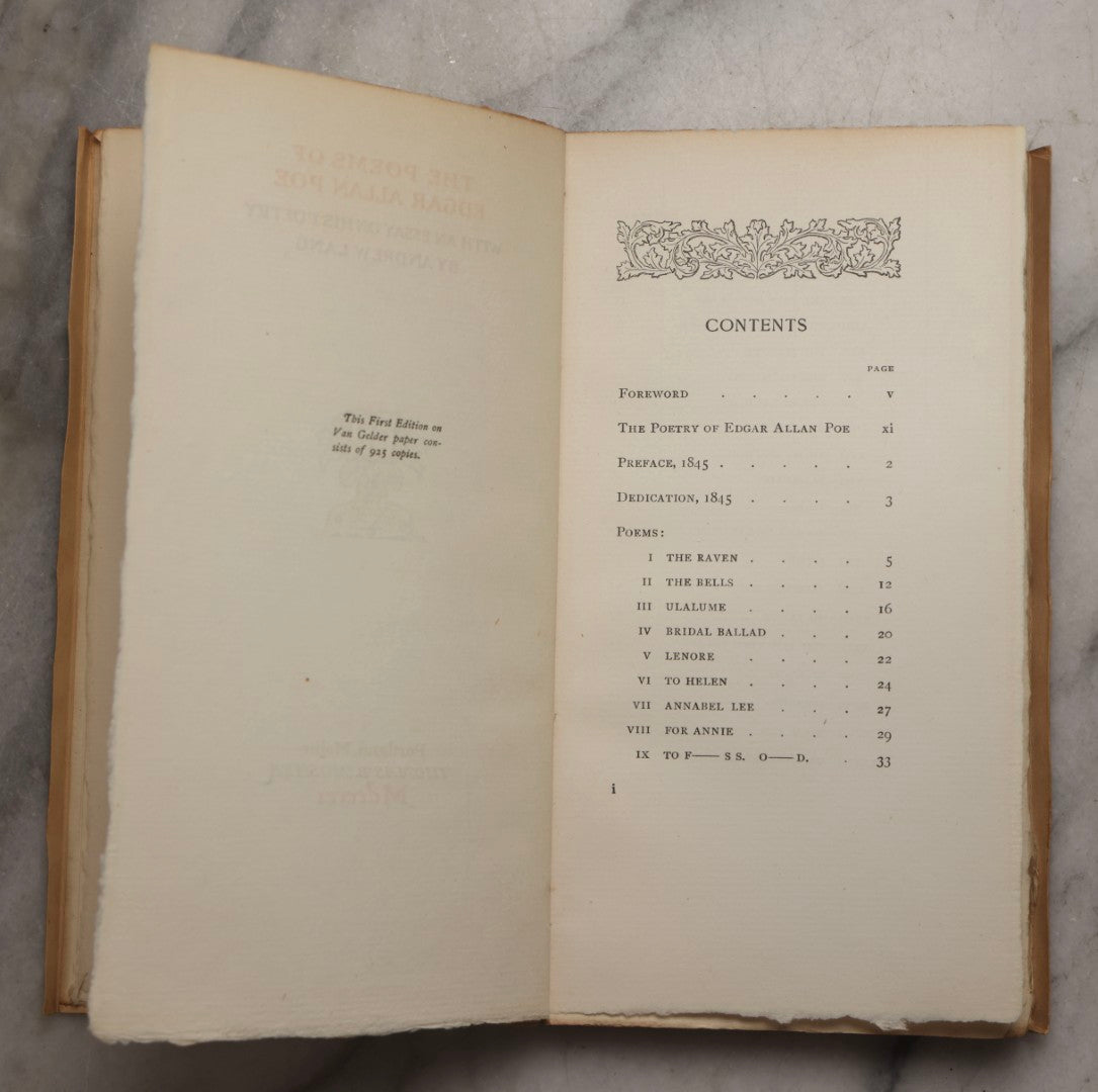 Lot 155 - "The Poems Of Edgar Allan Poe" Antique Limited First Edition Poetry Book By Edgar Allan Poe, Essay By Andrew Lang, Published By Thomas B. Mosher, Portland, Maine, 1901
