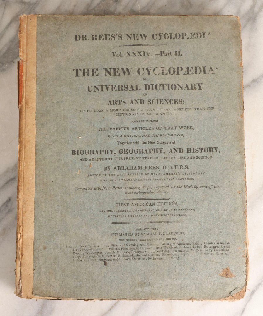 Lot 168 - "Dr. Rees's New Cyclopedia, The New Cyclopedia Or Universal Dictionary" Antique Reference Book, Volume XXXIV Part II, Siu To Sparaxis, Published 1816