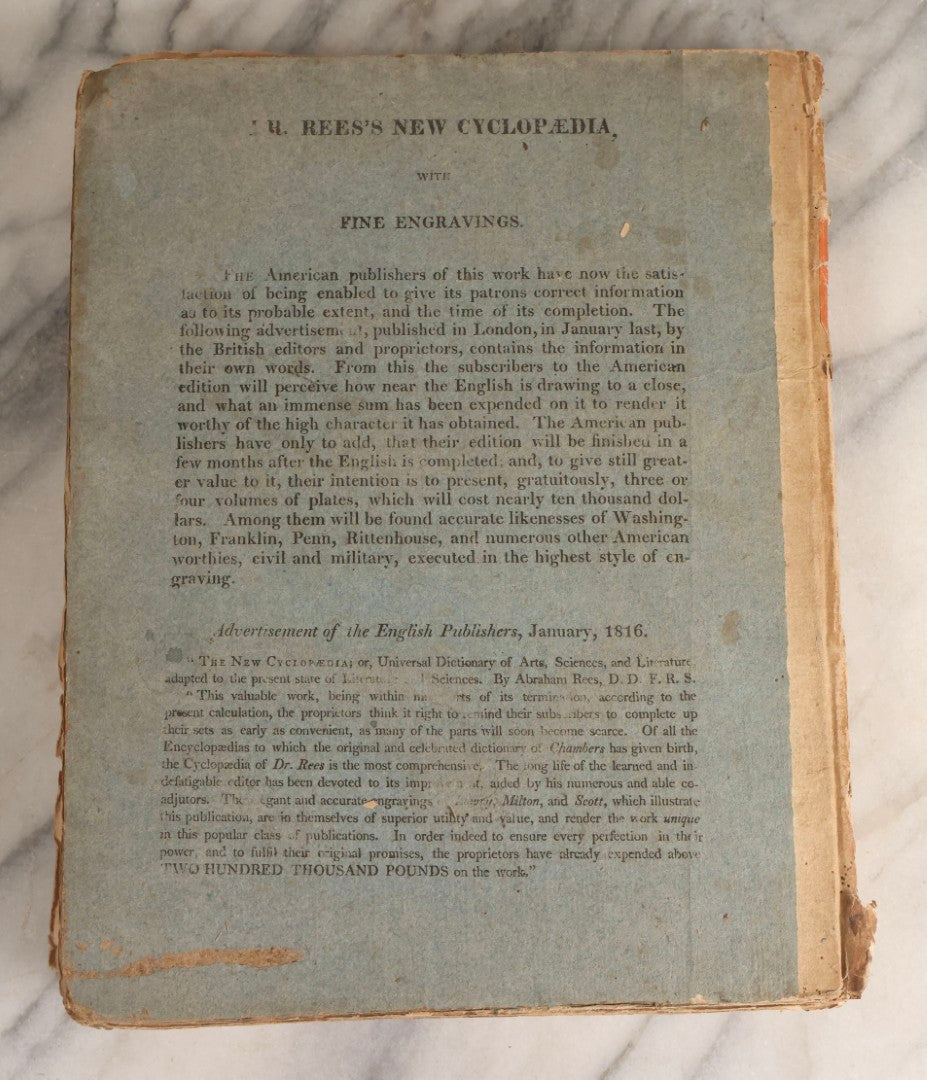 Lot 168 - "Dr. Rees's New Cyclopedia, The New Cyclopedia Or Universal Dictionary" Antique Reference Book, Volume XXXIV Part II, Siu To Sparaxis, Published 1816