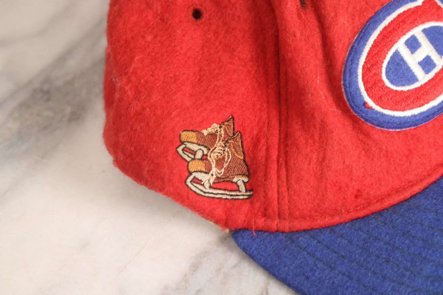 Lot 173 - Vintage Montreal Canadiens N.H.L. Wool Felt Hat With Embroidered Ice Skate Graphic, Blue Bill With Red Body, Made In U.S.A..