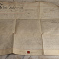 Lot 175 - Antique 1843 Property Indenture Document With Ornate Calligraphy, Red Pinstriping, And Revenue Stamps, Note Holes And Wear To Folded Edges And Corners