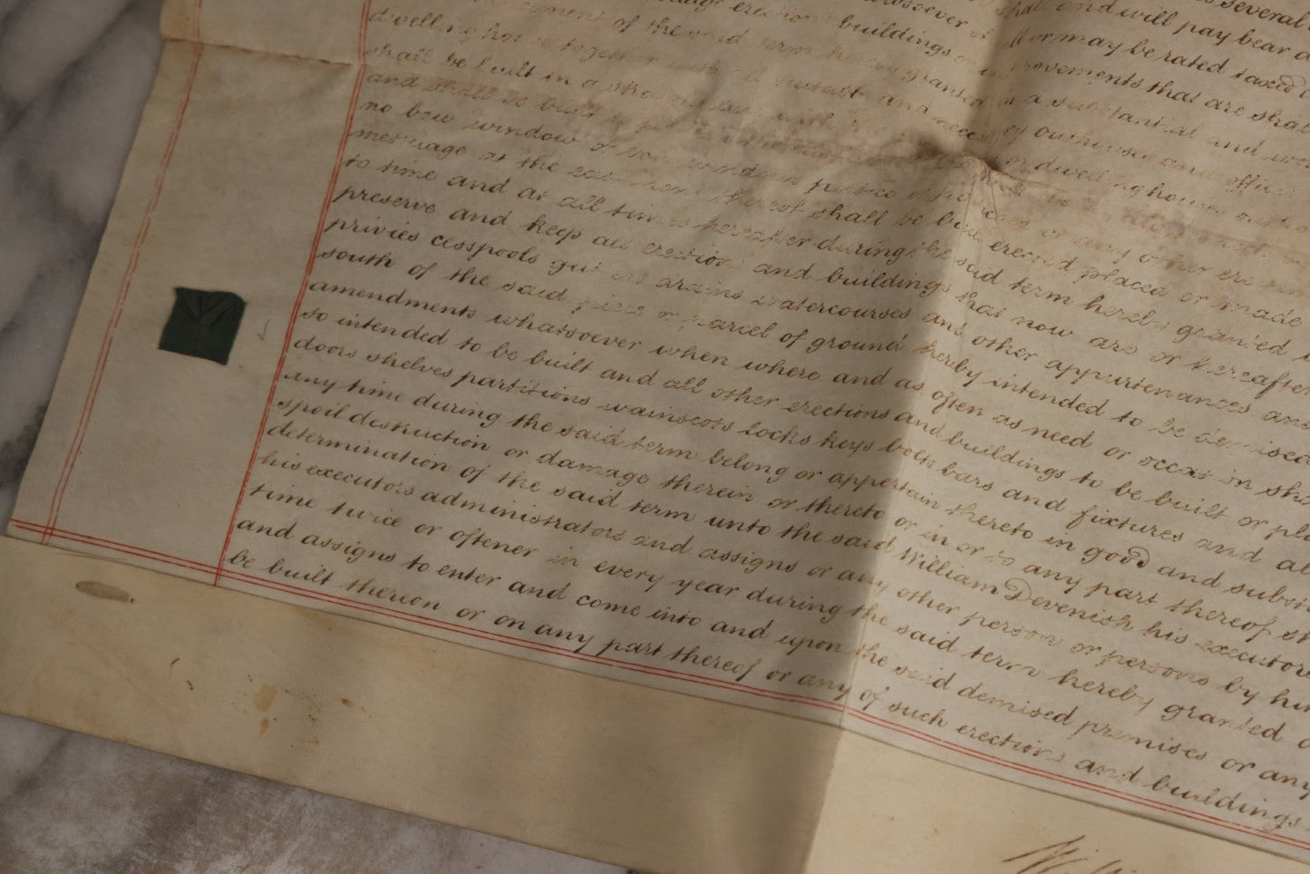 Lot 175 - Antique 1843 Property Indenture Document With Ornate Calligraphy, Red Pinstriping, And Revenue Stamps, Note Holes And Wear To Folded Edges And Corners