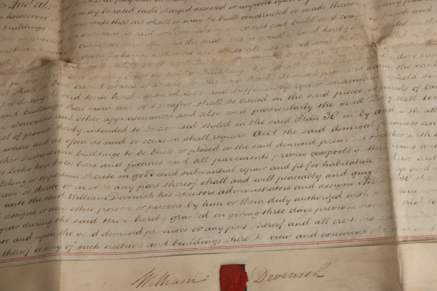 Lot 175 - Antique 1843 Property Indenture Document With Ornate Calligraphy, Red Pinstriping, And Revenue Stamps, Note Holes And Wear To Folded Edges And Corners
