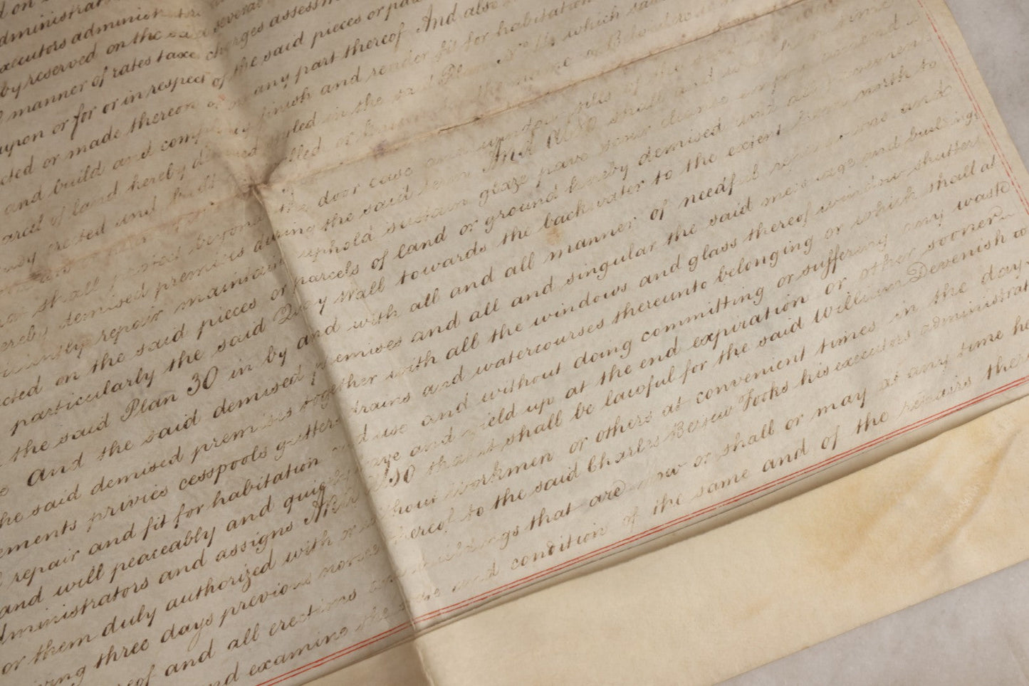 Lot 175 - Antique 1843 Property Indenture Document With Ornate Calligraphy, Red Pinstriping, And Revenue Stamps, Note Holes And Wear To Folded Edges And Corners