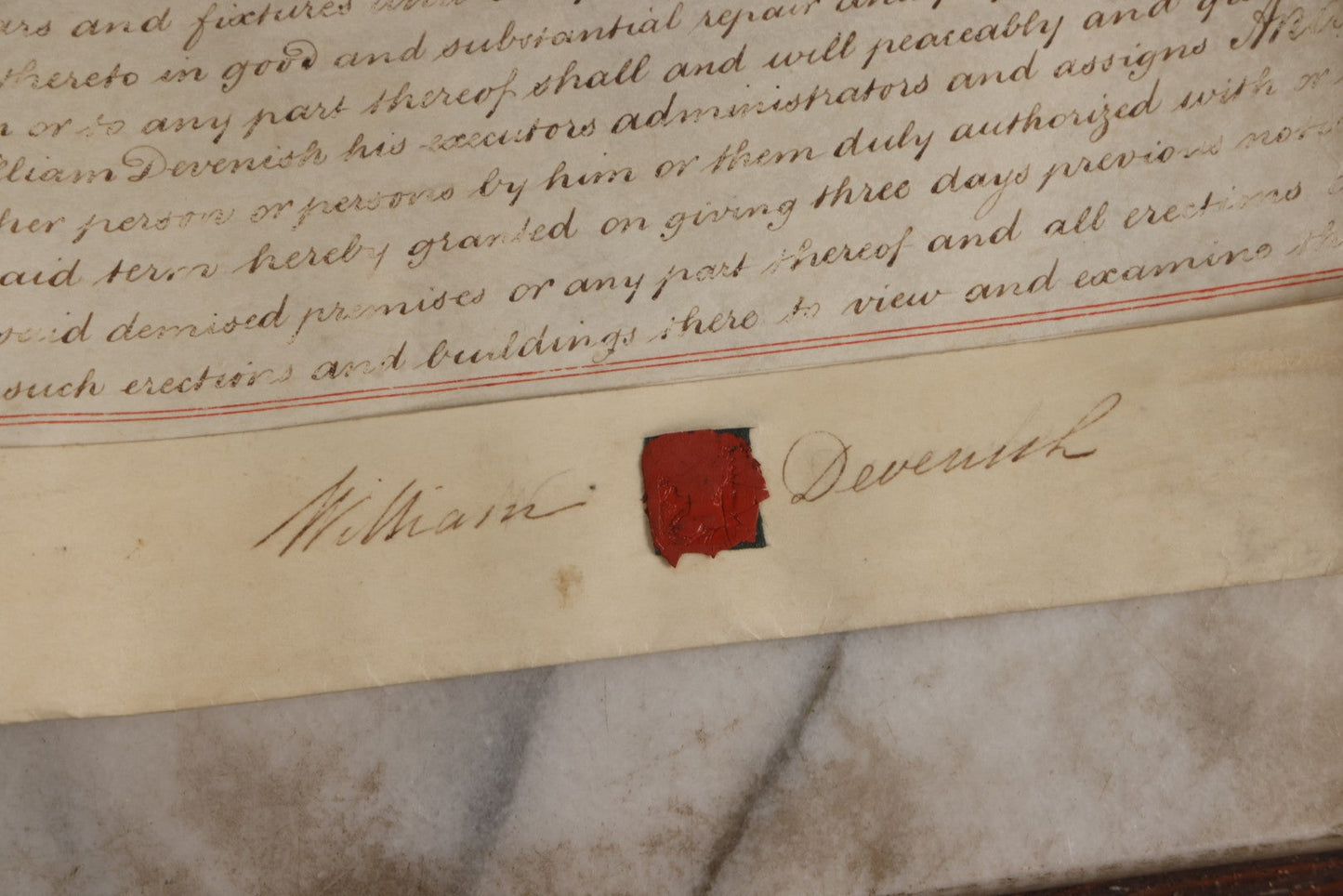 Lot 175 - Antique 1843 Property Indenture Document With Ornate Calligraphy, Red Pinstriping, And Revenue Stamps, Note Holes And Wear To Folded Edges And Corners