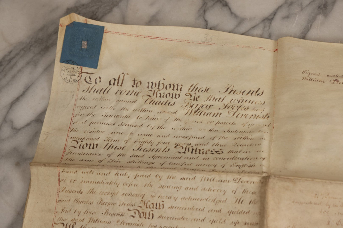 Lot 175 - Antique 1843 Property Indenture Document With Ornate Calligraphy, Red Pinstriping, And Revenue Stamps, Note Holes And Wear To Folded Edges And Corners