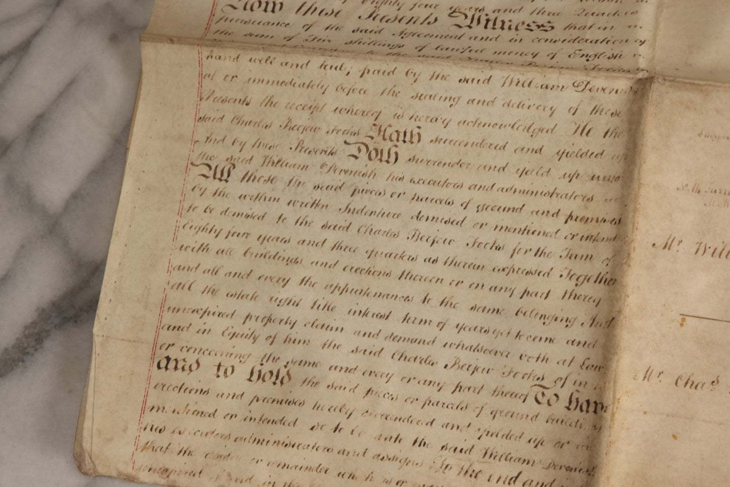 Lot 175 - Antique 1843 Property Indenture Document With Ornate Calligraphy, Red Pinstriping, And Revenue Stamps, Note Holes And Wear To Folded Edges And Corners