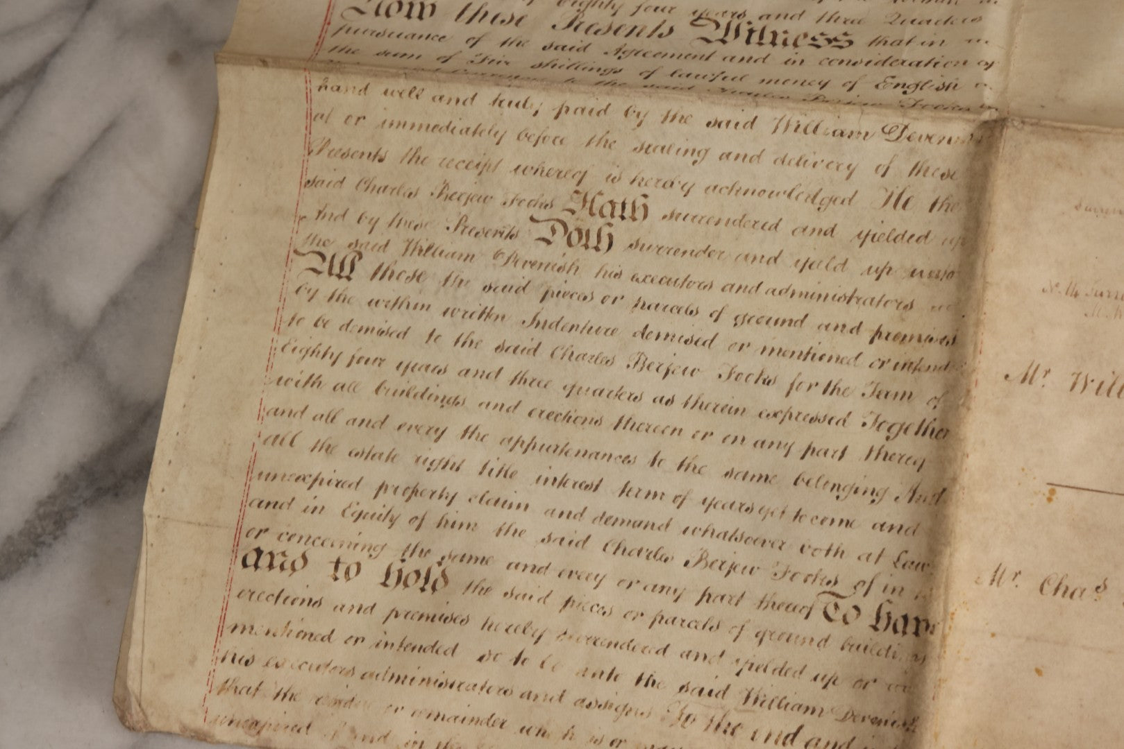 Lot 175 - Antique 1843 Property Indenture Document With Ornate Calligraphy, Red Pinstriping, And Revenue Stamps, Note Holes And Wear To Folded Edges And Corners