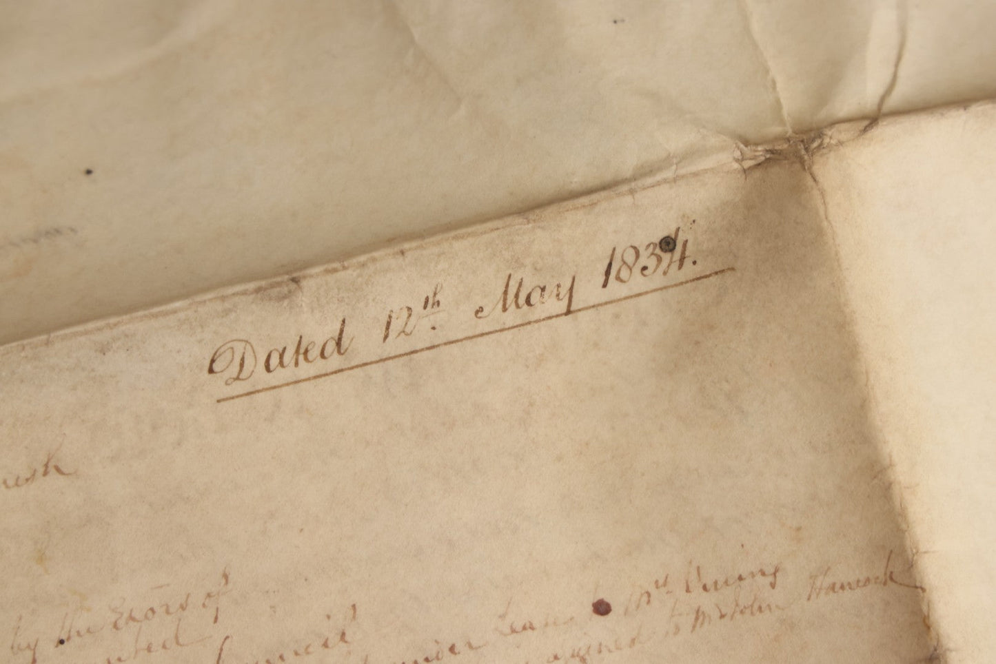Lot 175 - Antique 1843 Property Indenture Document With Ornate Calligraphy, Red Pinstriping, And Revenue Stamps, Note Holes And Wear To Folded Edges And Corners