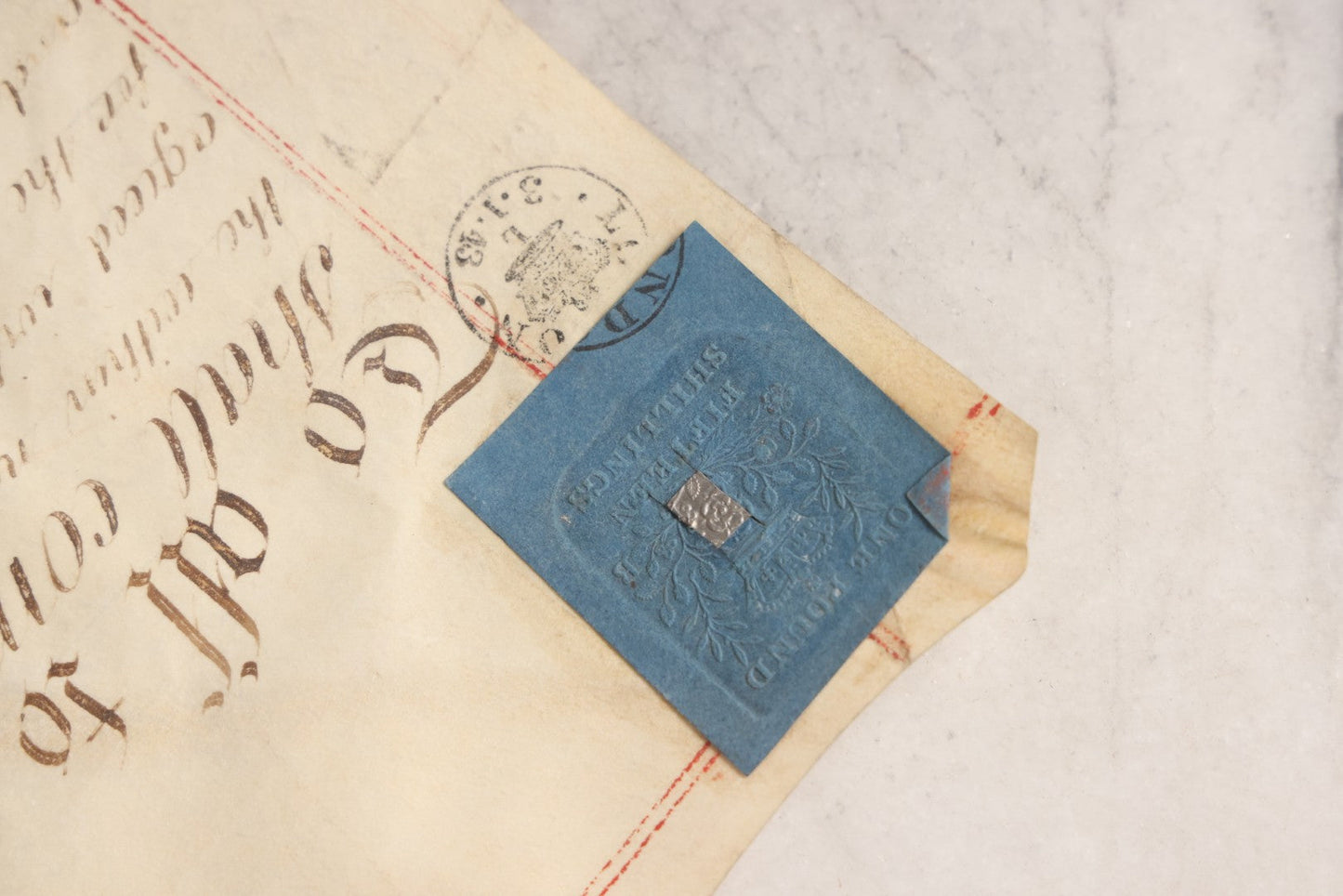 Lot 175 - Antique 1843 Property Indenture Document With Ornate Calligraphy, Red Pinstriping, And Revenue Stamps, Note Holes And Wear To Folded Edges And Corners