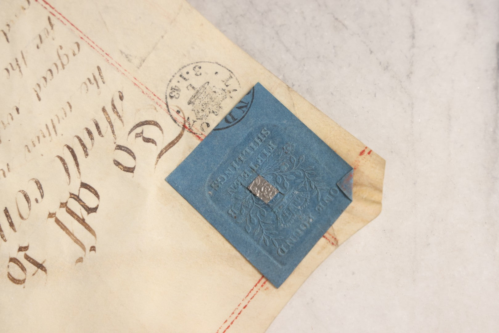 Lot 175 - Antique 1843 Property Indenture Document With Ornate Calligraphy, Red Pinstriping, And Revenue Stamps, Note Holes And Wear To Folded Edges And Corners
