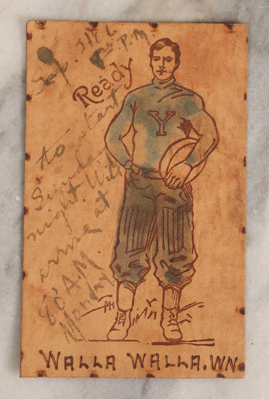 Lot 177 - Antique Walla Walla, Washington Leather Postcard With Pyrography Illustration Of Football Player, Hand-Painted, Postmarked 1906