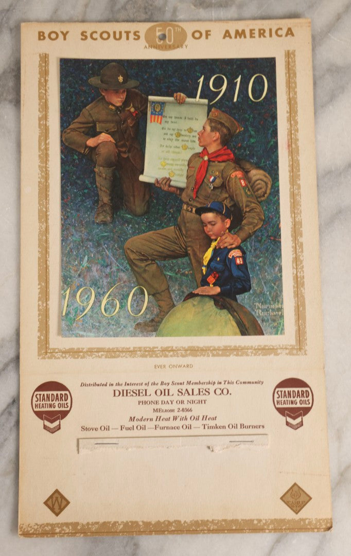 Lot 178 - Vintage Boy Scouts Of America 50th Anniversary Advertising Calendar Card With Norman Rockwell Illustration, Diesel Oil Sales Co., 1960