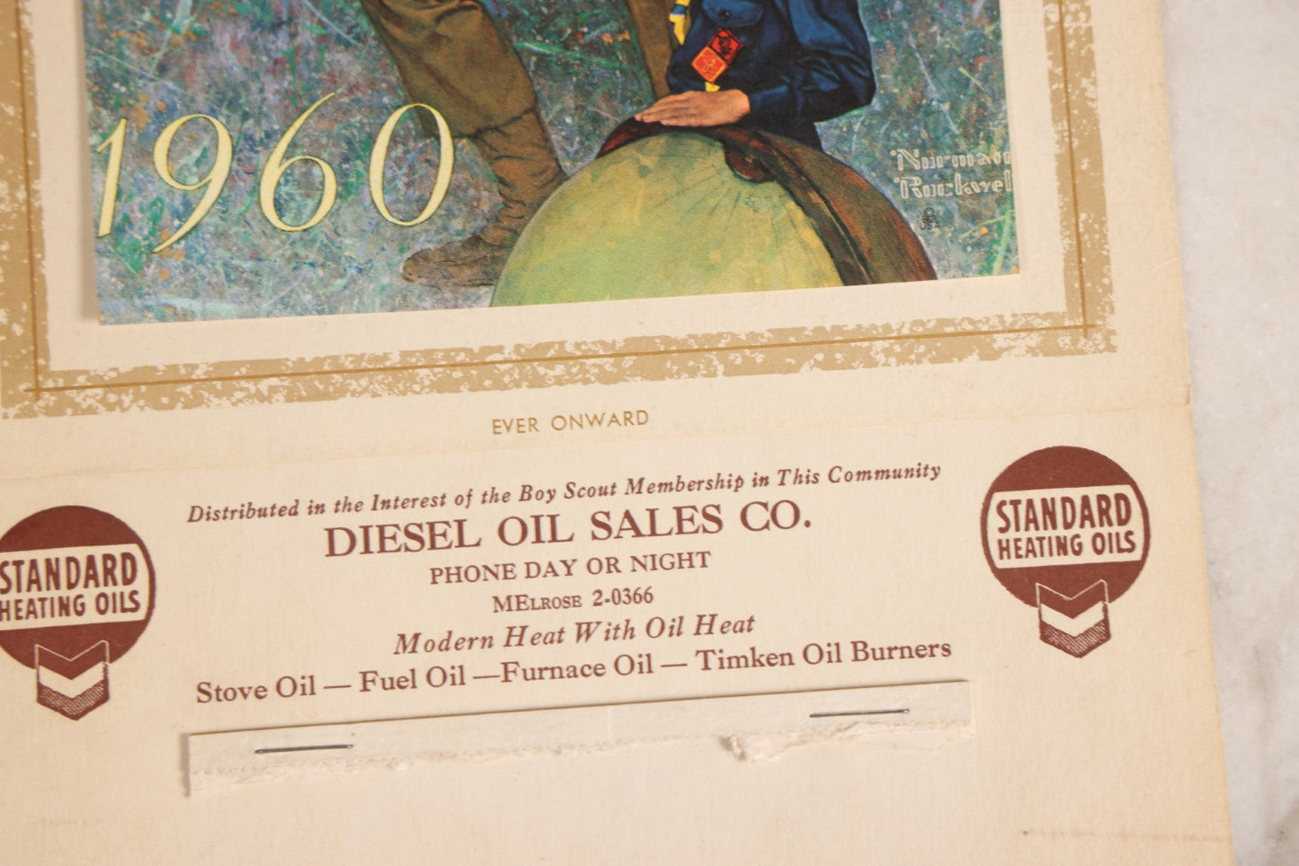 Lot 178 - Vintage Boy Scouts Of America 50th Anniversary Advertising Calendar Card With Norman Rockwell Illustration, Diesel Oil Sales Co., 1960