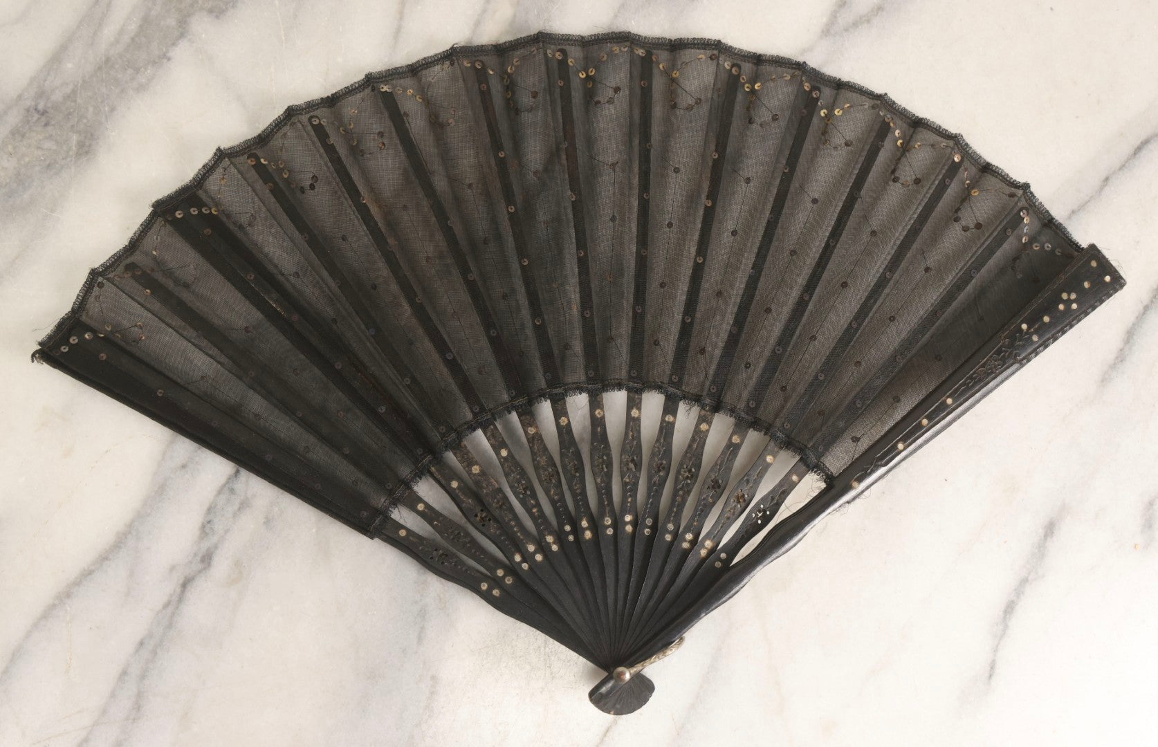 Lot 181 - Antique Black Mesh Folding Hand Fan In Original R.H. Stearns & Co. Box, Boston