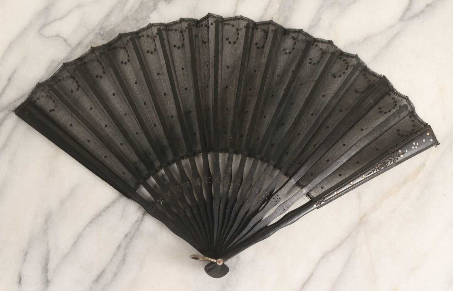 Lot 181 - Antique Black Mesh Folding Hand Fan In Original R.H. Stearns & Co. Box, Boston