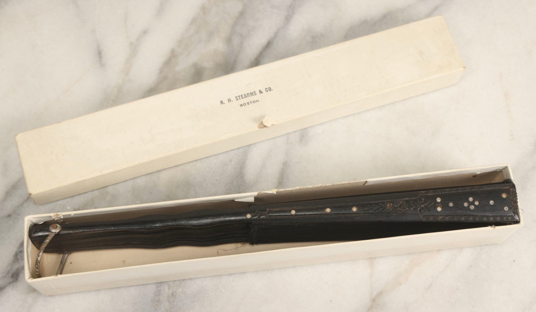 Lot 181 - Antique Black Mesh Folding Hand Fan In Original R.H. Stearns & Co. Box, Boston