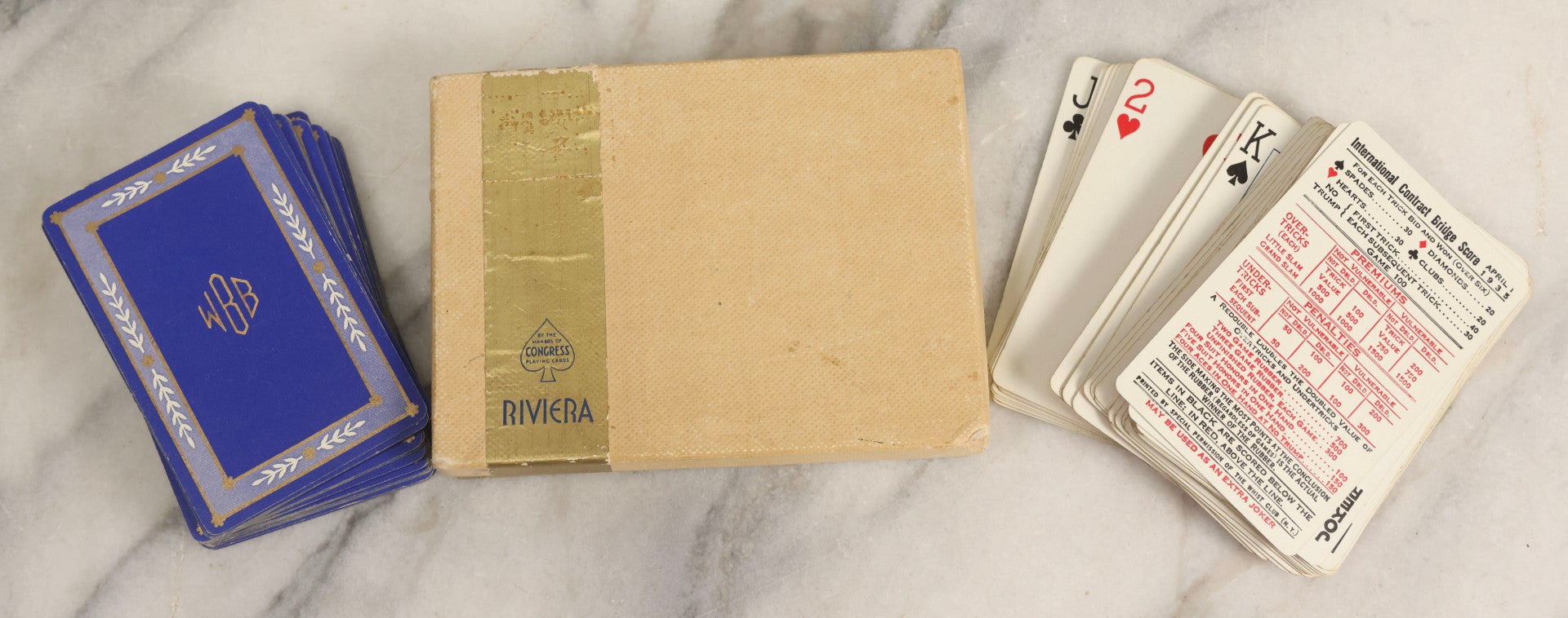 Lot 182 - Vintage Dual Deck Of “Riviera” Playing Cards By The Makers Of Congress Playing Cards In Original Box, Complete Red And Blue Decks With W.B.B. Monograms