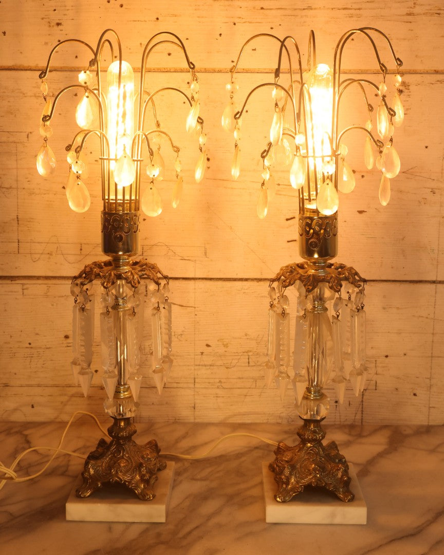 Lot 003 - Pair Of Vintage Ornate Italian Brass-Toned Metal And Marble Table Lamps With Crystal Hangers, 21-1/2" H Each