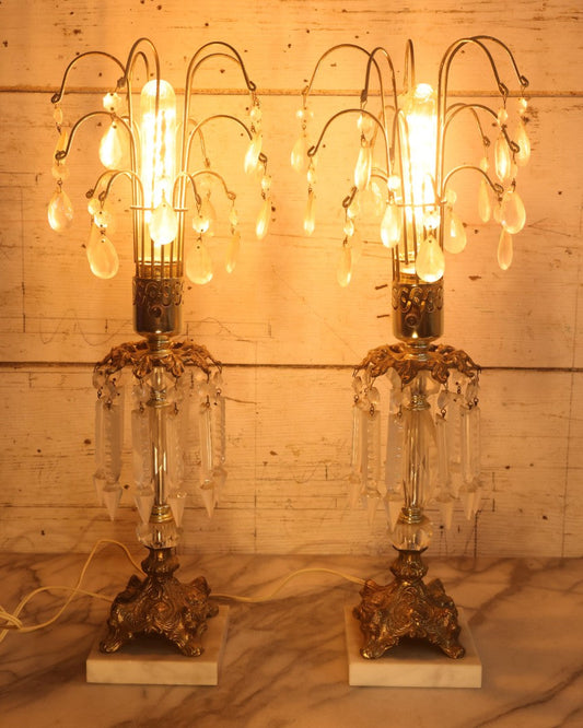 Lot 003 - Pair Of Vintage Ornate Italian Brass-Toned Metal And Marble Table Lamps With Crystal Hangers, 21-1/2" H Each