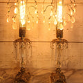 Lot 003 - Pair Of Vintage Ornate Italian Brass-Toned Metal And Marble Table Lamps With Crystal Hangers, 21-1/2" H Each