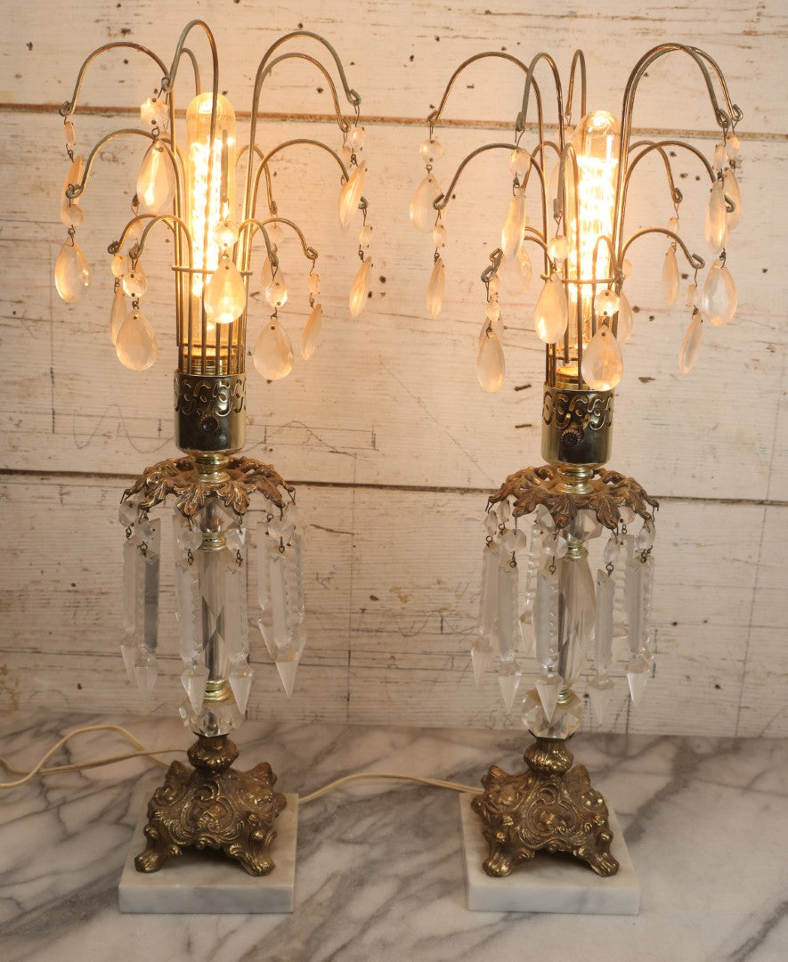 Lot 003 - Pair Of Vintage Ornate Italian Brass-Toned Metal And Marble Table Lamps With Crystal Hangers, 21-1/2" H Each