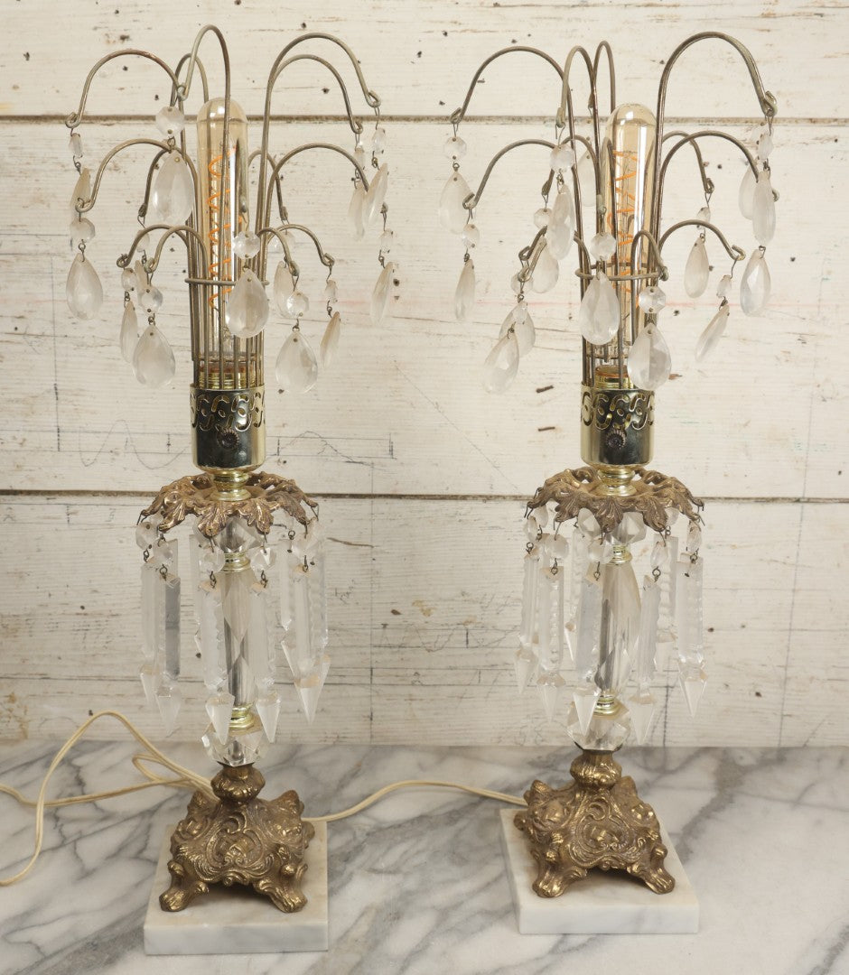 Lot 003 - Pair Of Vintage Ornate Italian Brass-Toned Metal And Marble Table Lamps With Crystal Hangers, 21-1/2" H Each