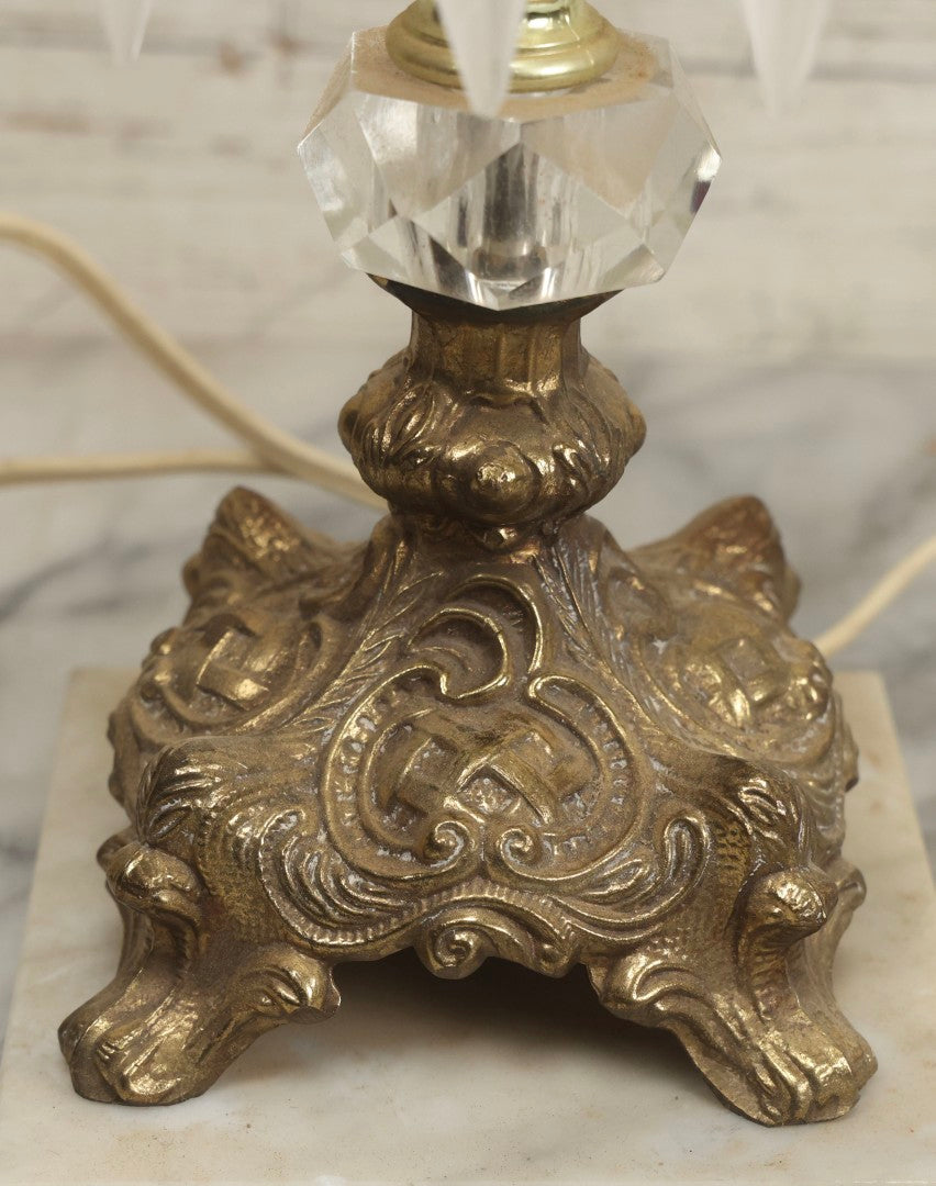 Lot 003 - Pair Of Vintage Ornate Italian Brass-Toned Metal And Marble Table Lamps With Crystal Hangers, 21-1/2" H Each