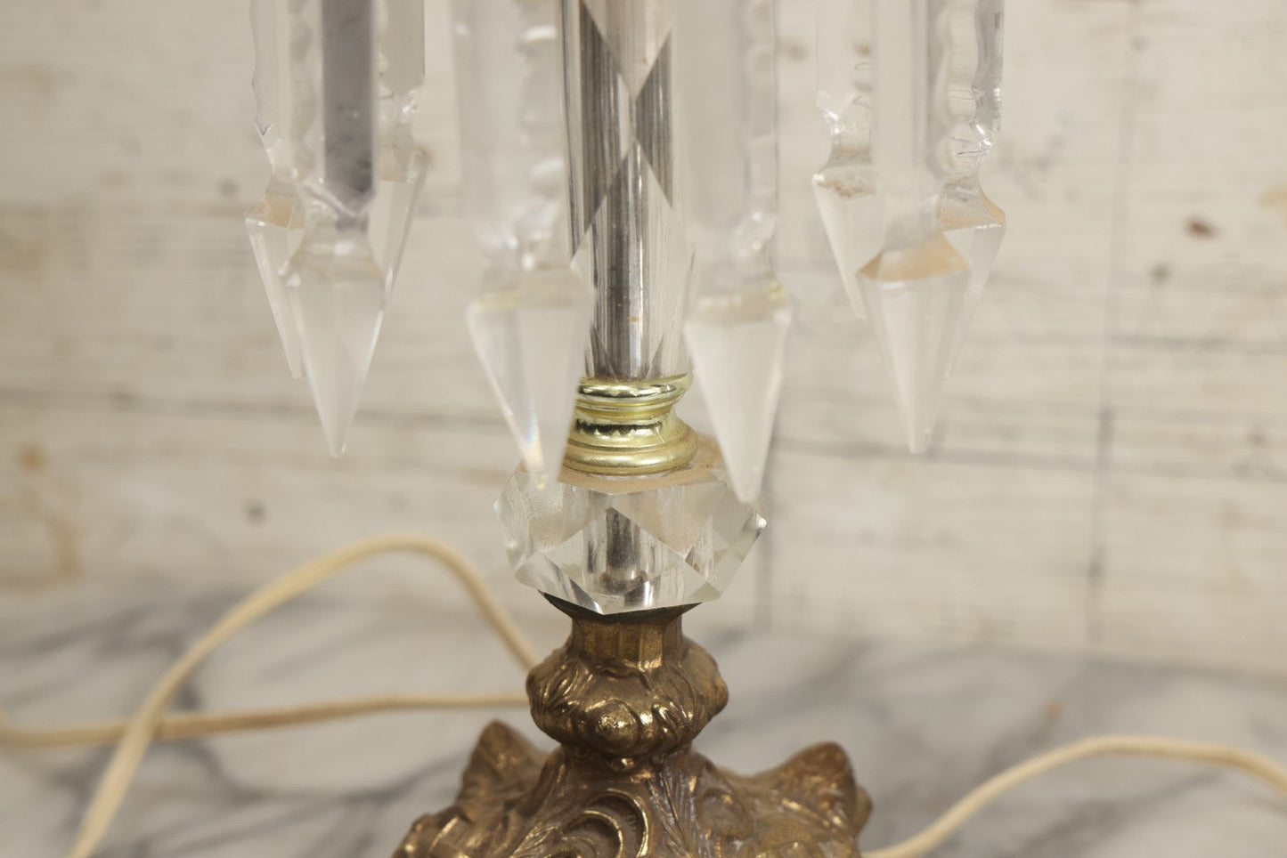 Lot 003 - Pair Of Vintage Ornate Italian Brass-Toned Metal And Marble Table Lamps With Crystal Hangers, 21-1/2" H Each