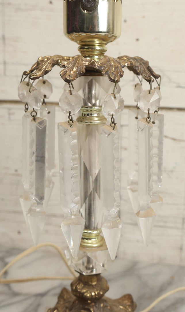 Lot 003 - Pair Of Vintage Ornate Italian Brass-Toned Metal And Marble Table Lamps With Crystal Hangers, 21-1/2" H Each