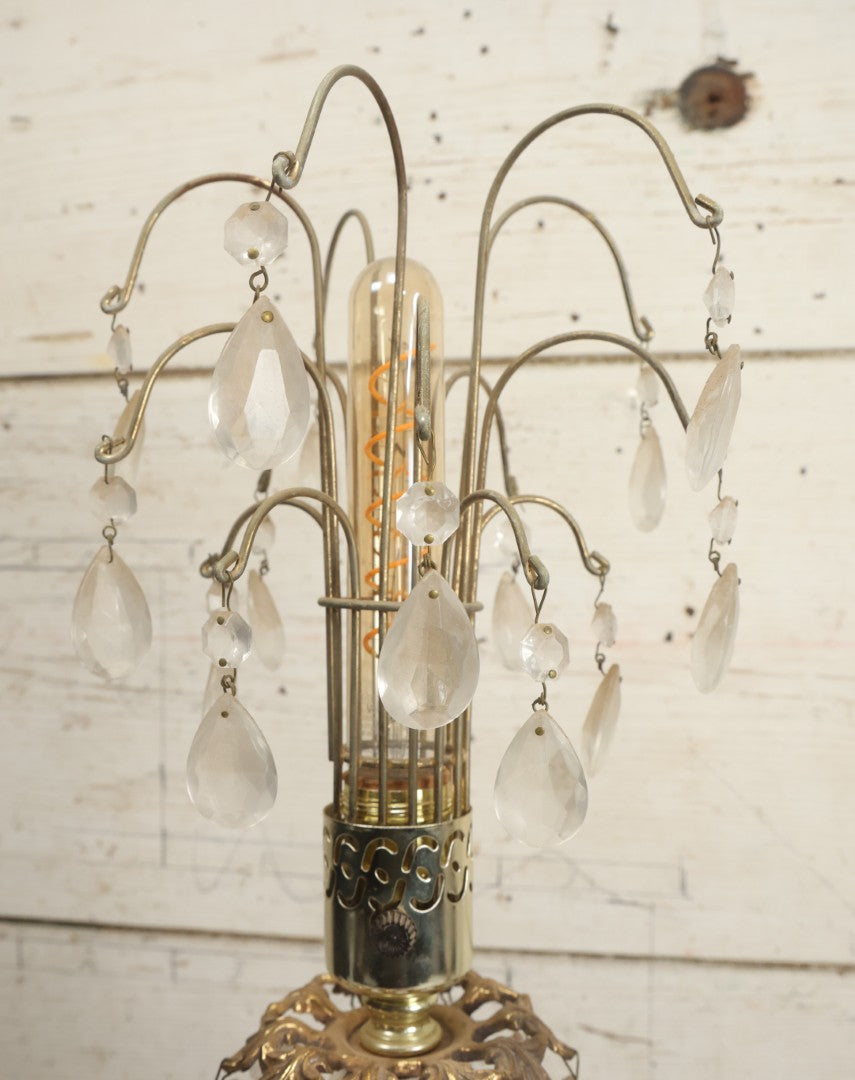 Lot 003 - Pair Of Vintage Ornate Italian Brass-Toned Metal And Marble Table Lamps With Crystal Hangers, 21-1/2" H Each