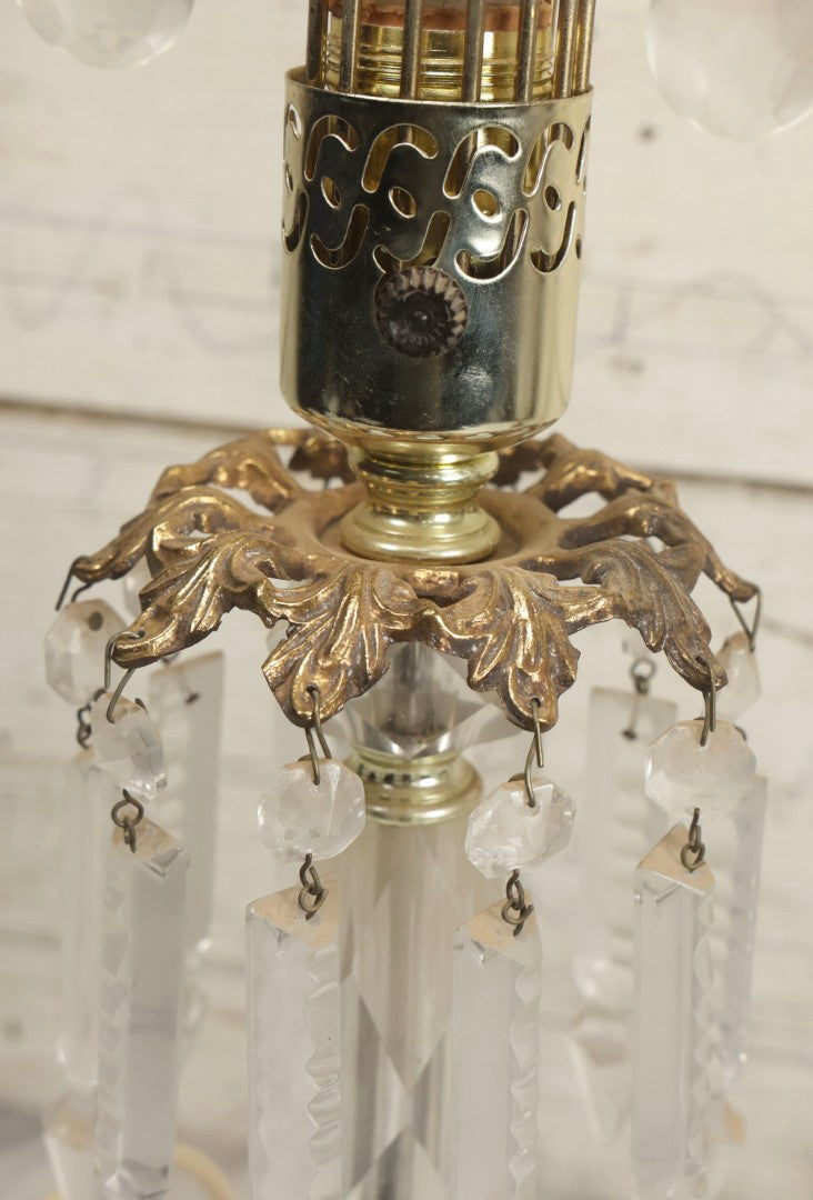 Lot 003 - Pair Of Vintage Ornate Italian Brass-Toned Metal And Marble Table Lamps With Crystal Hangers, 21-1/2" H Each