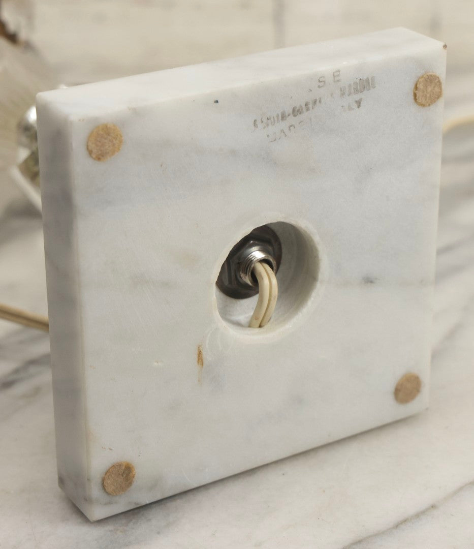 Lot 003 - Pair Of Vintage Ornate Italian Brass-Toned Metal And Marble Table Lamps With Crystal Hangers, 21-1/2" H Each