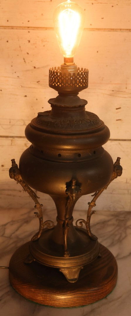 Lot 004 - Antique Kerosene To Electric Table Lamp Conversion With Ram Head Ornaments And Wooden Base, Made In U.S.A.., 18-1/4" H