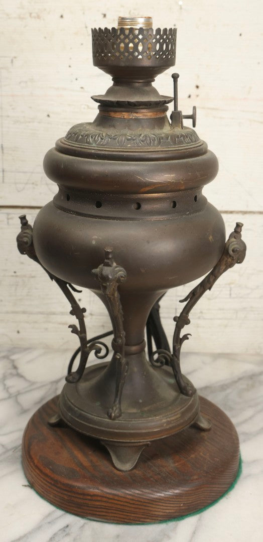 Lot 004 - Antique Kerosene To Electric Table Lamp Conversion With Ram Head Ornaments And Wooden Base, Made In U.S.A.., 18-1/4" H