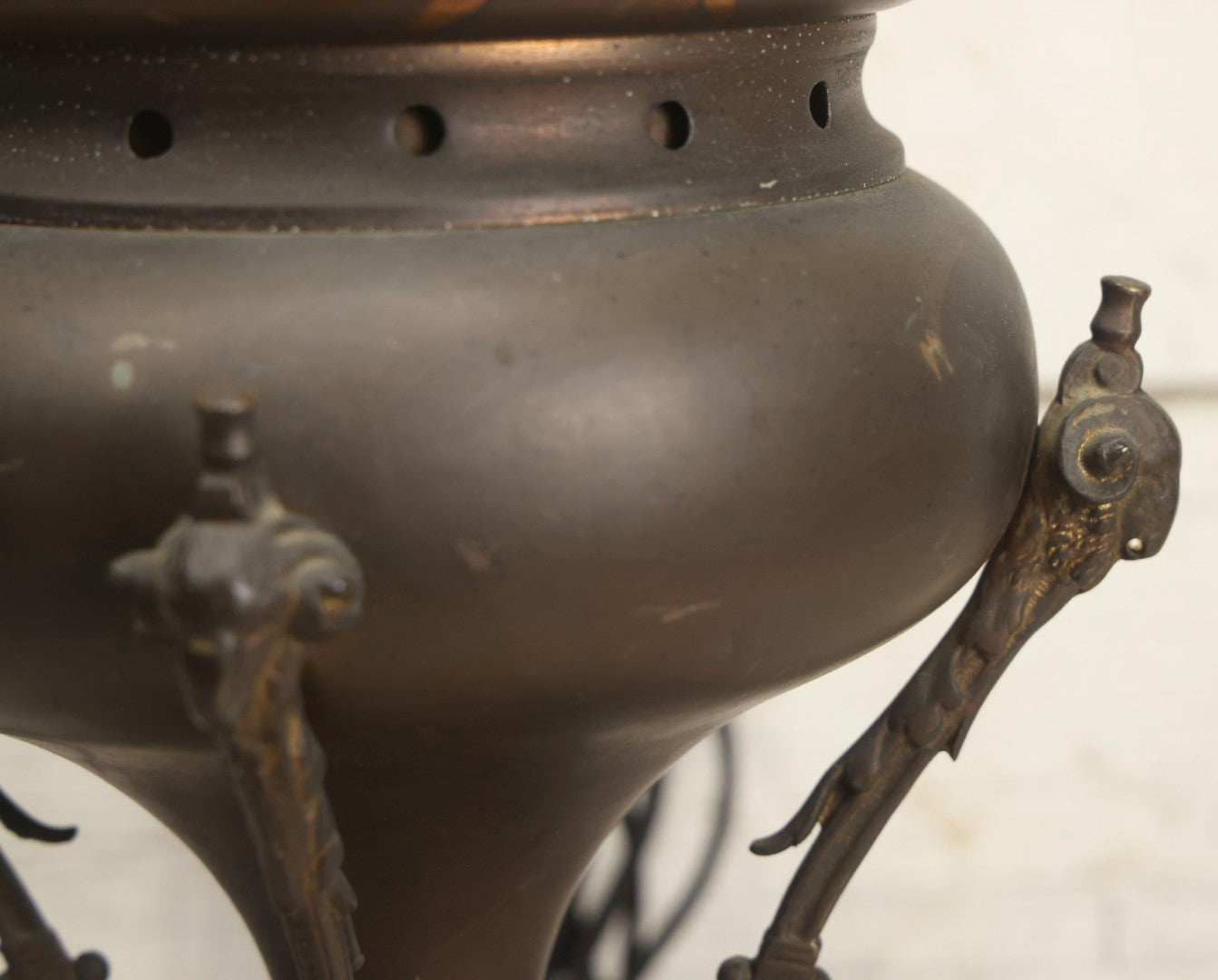 Lot 004 - Antique Kerosene To Electric Table Lamp Conversion With Ram Head Ornaments And Wooden Base, Made In U.S.A.., 18-1/4" H