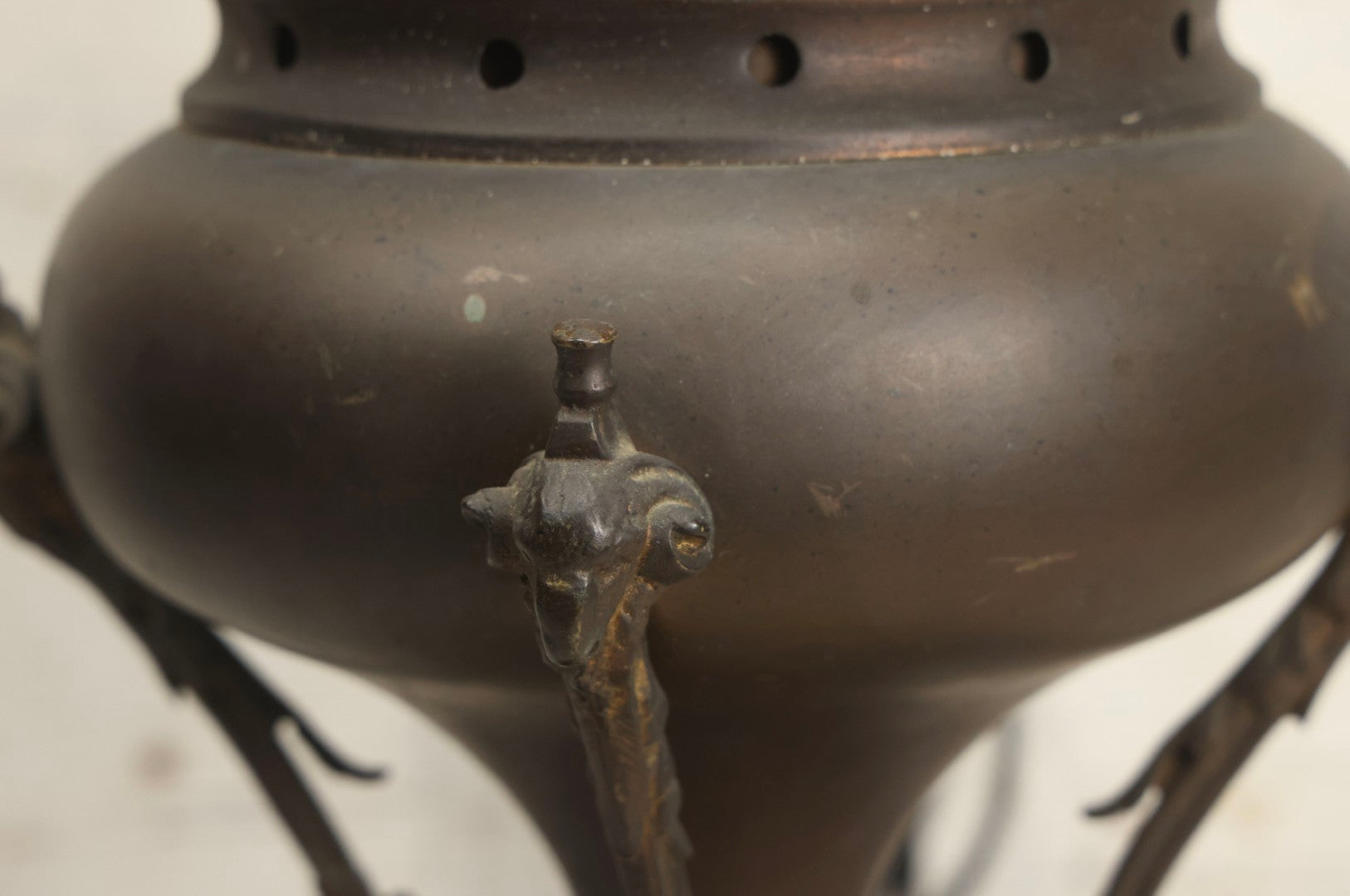 Lot 004 - Antique Kerosene To Electric Table Lamp Conversion With Ram Head Ornaments And Wooden Base, Made In U.S.A.., 18-1/4" H