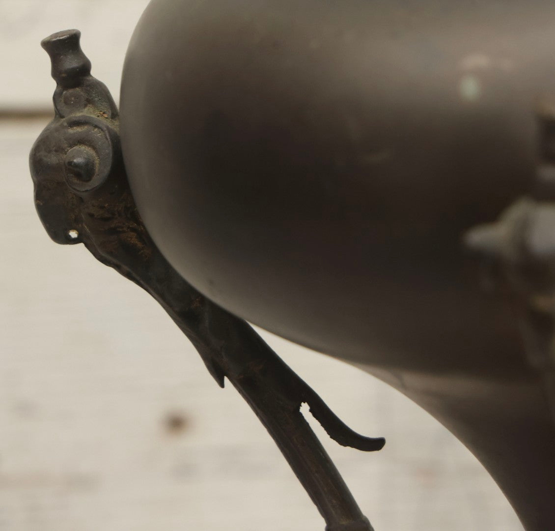 Lot 004 - Antique Kerosene To Electric Table Lamp Conversion With Ram Head Ornaments And Wooden Base, Made In U.S.A.., 18-1/4" H