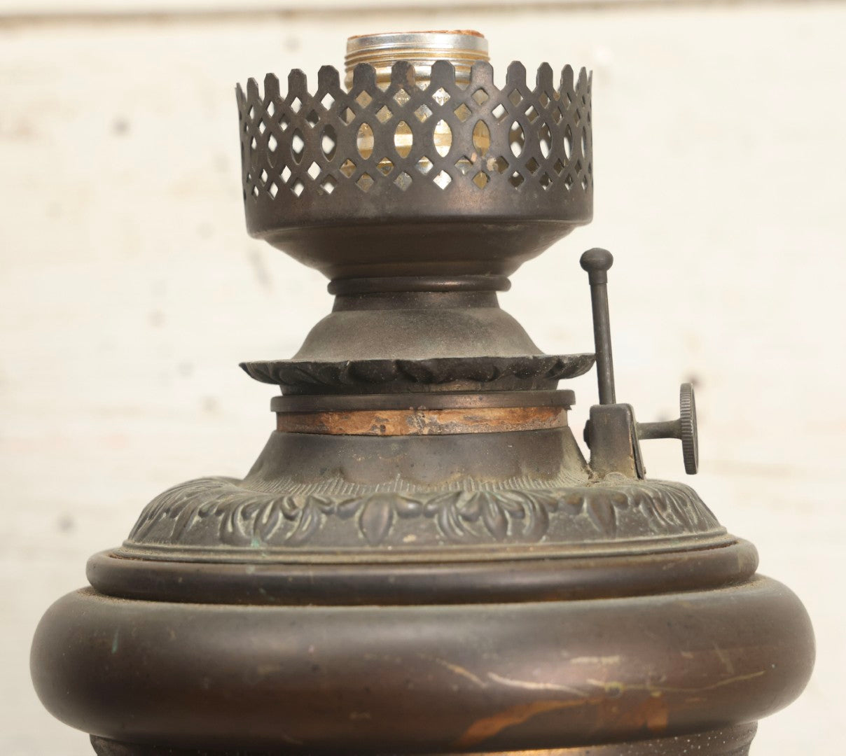 Lot 004 - Antique Kerosene To Electric Table Lamp Conversion With Ram Head Ornaments And Wooden Base, Made In U.S.A.., 18-1/4" H