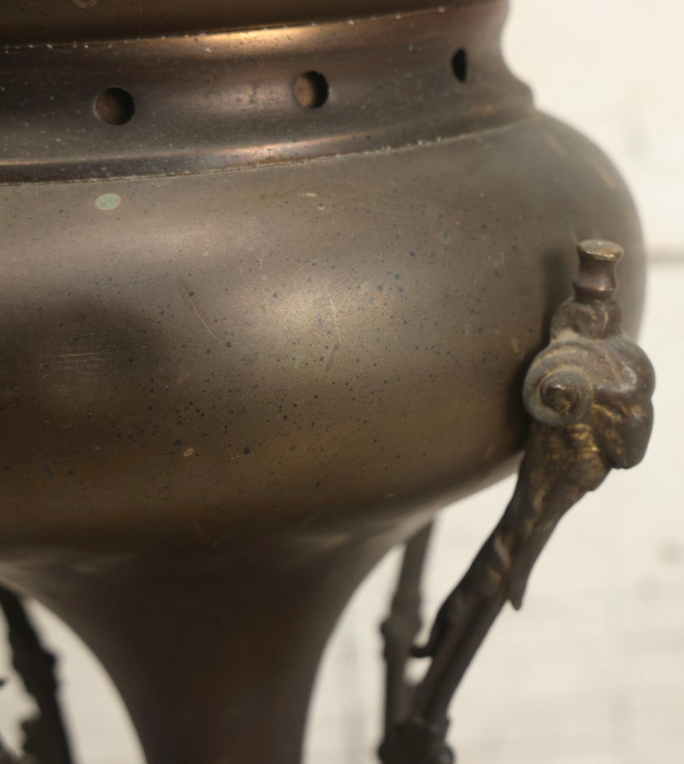 Lot 004 - Antique Kerosene To Electric Table Lamp Conversion With Ram Head Ornaments And Wooden Base, Made In U.S.A.., 18-1/4" H