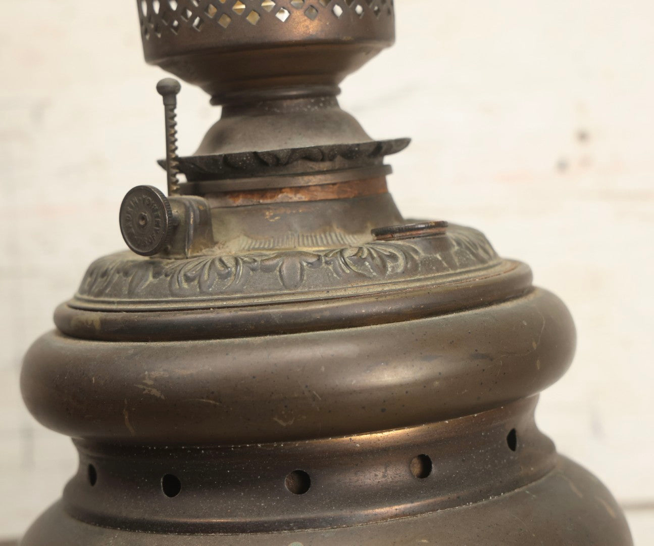 Lot 004 - Antique Kerosene To Electric Table Lamp Conversion With Ram Head Ornaments And Wooden Base, Made In U.S.A.., 18-1/4" H