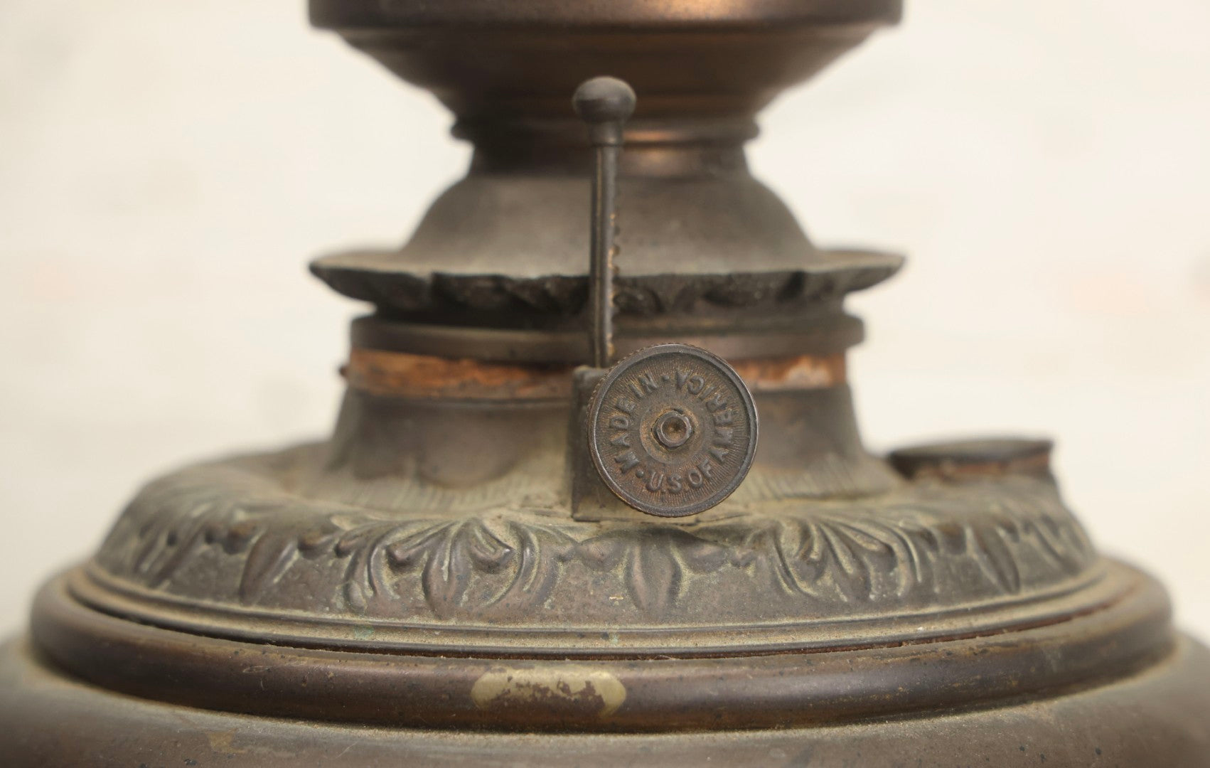 Lot 004 - Antique Kerosene To Electric Table Lamp Conversion With Ram Head Ornaments And Wooden Base, Made In U.S.A.., 18-1/4" H